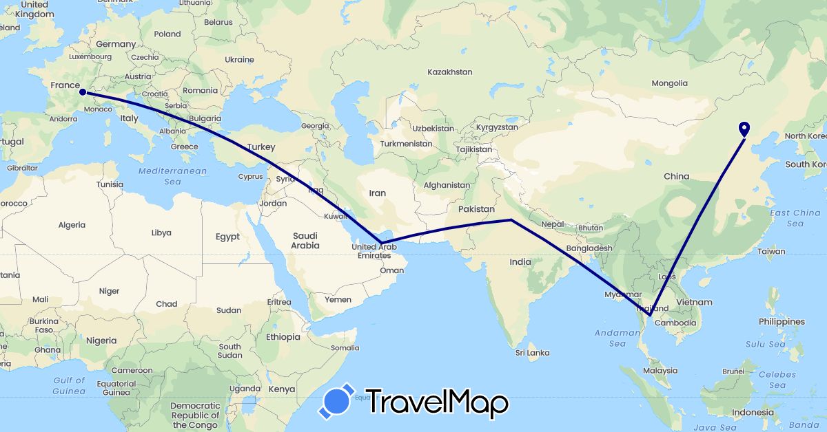 TravelMap itinerary: driving in United Arab Emirates, China, France, India, Thailand (Asia, Europe)